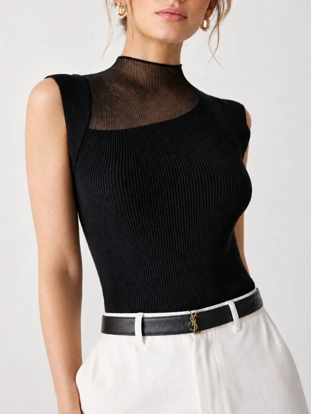 Black Sleeveless Mock Neck Top with Sheer Knit Yoke front and back Italy - Picture 3 of 14